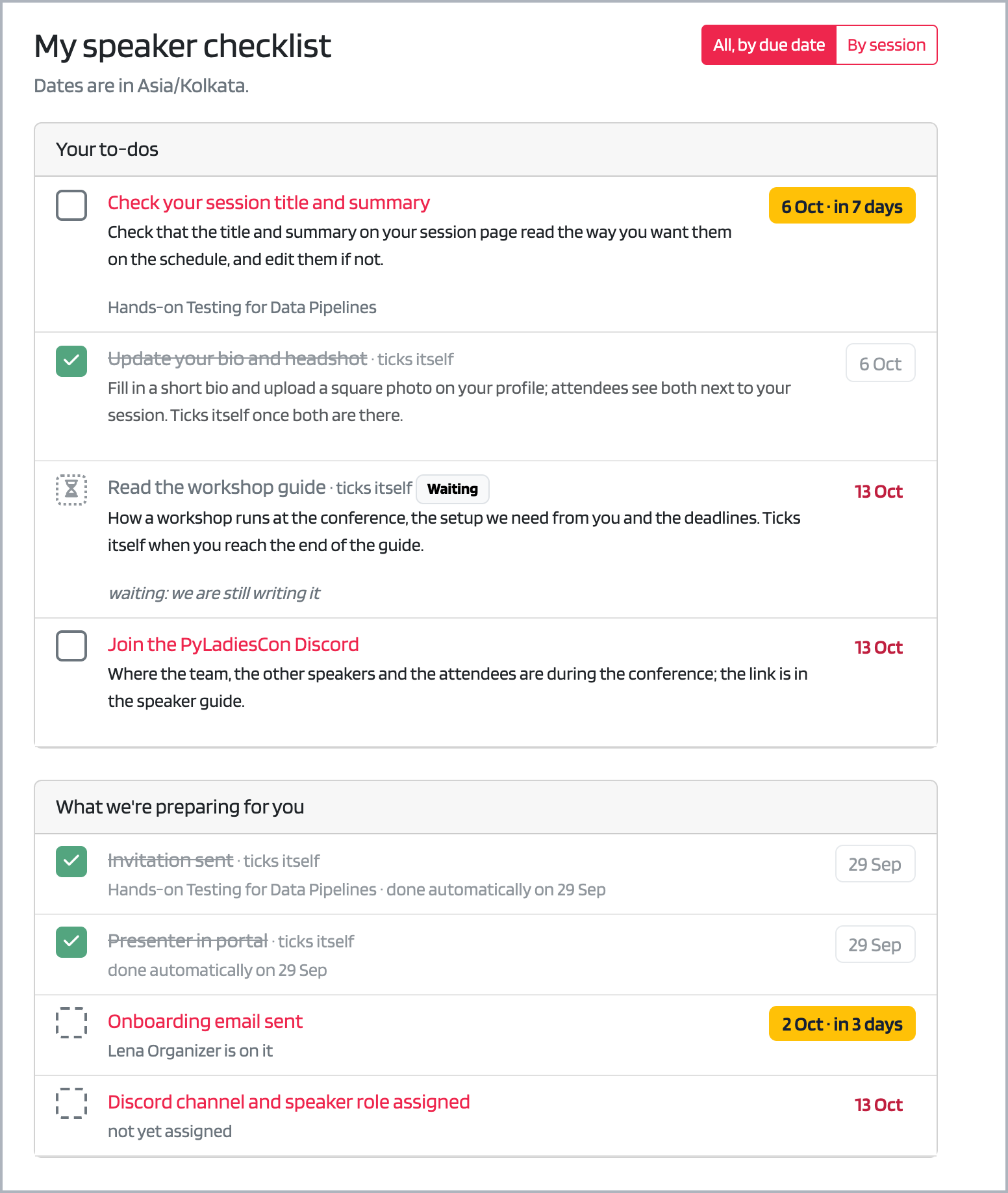 The speaker checklist, with the speaker's to-dos above a list of what the team is preparing