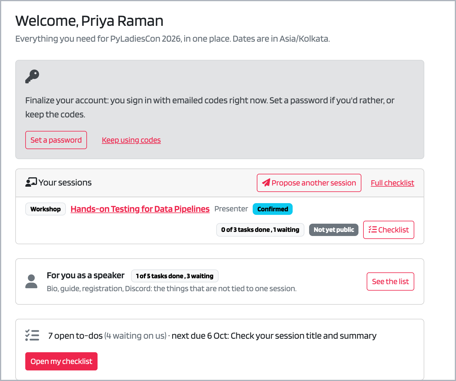 Speaker dashboard showing a confirmed workshop, task counts and the next to-do that is due